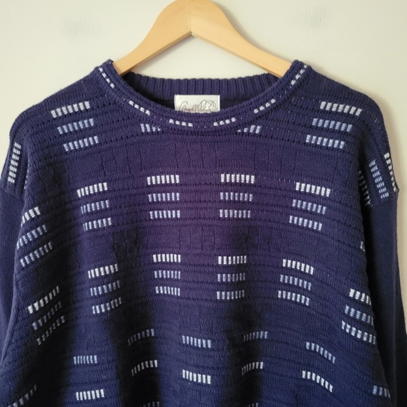 Vintage 90s Textured Knit Navy Wool Blend Grandpa Boyfriend Sweater Size XL - Picture 3 of 7